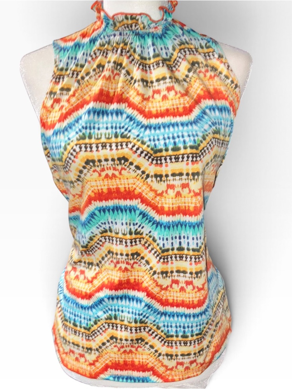 Sleeveless Ruffle Neck Multi-Color Wave Print Top - Picture 2 of 7